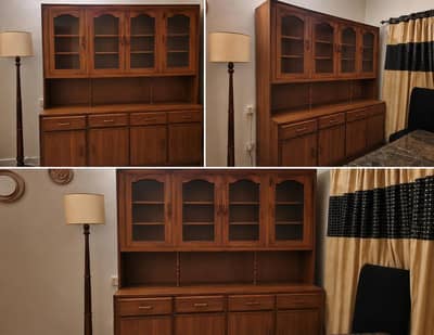 Wooden side board with shelves and cupboard