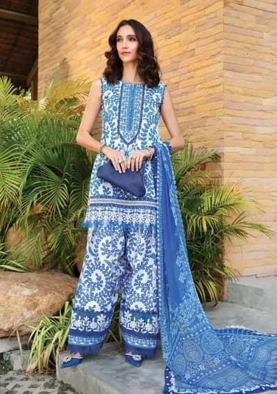Blue Printed lawn Shirt and Trouser set with Chiffon Dupatta