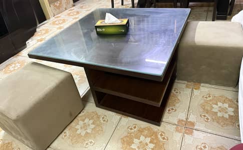Habitt Glass Top Coffee Table with 2 Stools – Modern Design
