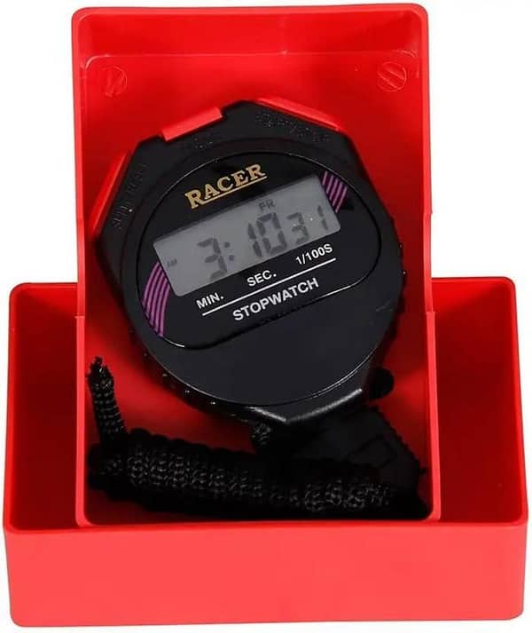 Racer Stopwatch with Alarm Handheld LCD Digital Professional Timer Sports Stop Watch with Plastic Box Black