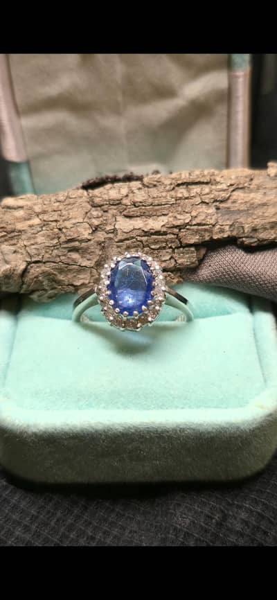 Natural 100% genuine diamonds & blue sapphire(نیلم)white gold ring