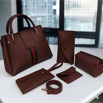 Maroon 5-piece Rexine handbags sets for girls