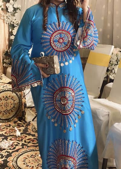 Royal Blue Silk Kaftan Maxi Dress - Heavy Embroidery - Size L - Lahore