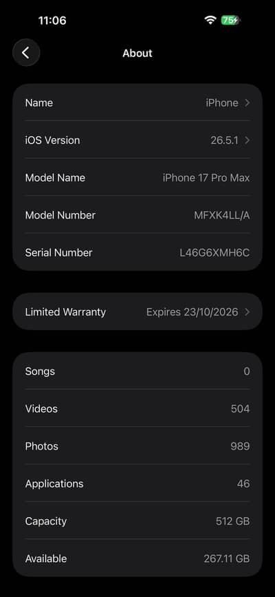 Apple iPhone 17 Pro Max non pta jv 512gb battery health 93 cycle 282