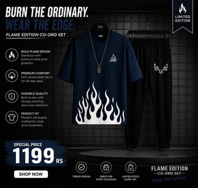  Men's Premium Flame Print Co-Ord Set – Trendy T-Shirt & Jogger