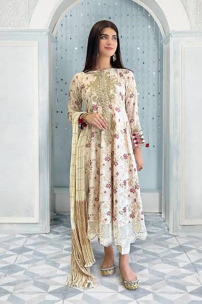 Elegant Pakistani Long Frock With Trousers And Dupatta