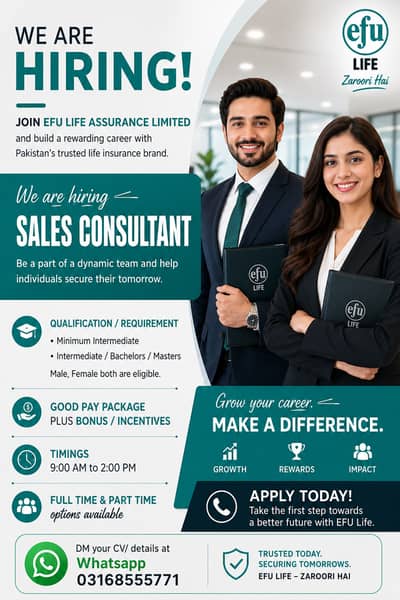 URGENT: SALES CONUSLTANT | EFU LIFE | 80k+ | RAHIM YAR KHAN