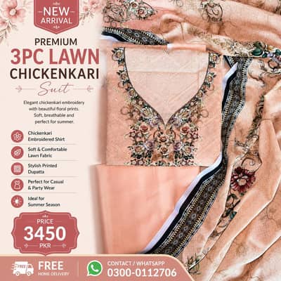 3PC Lawn Chickenkari Suit | Premium Quality