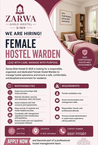 Female Hostel Warden Required G-10 for Girls Hostel