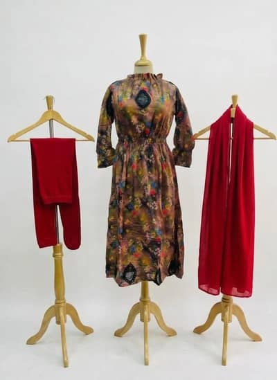 Pakistani Printed Kurta Set with Red Shawl