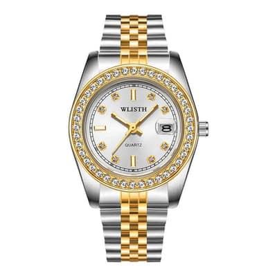 mens gold steel band quartz watch with date display