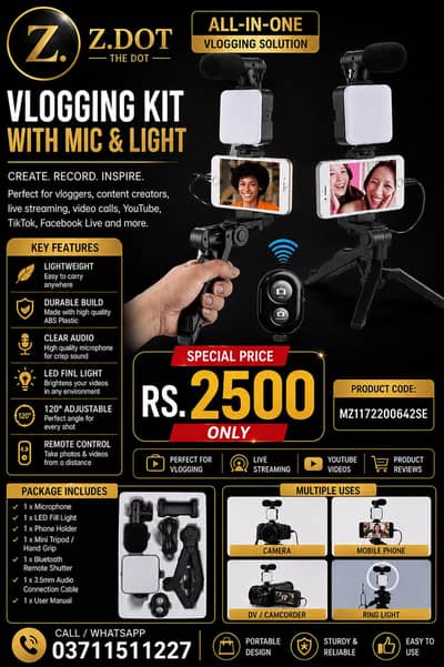 "Vlogging Kit with Mic & Light Black"