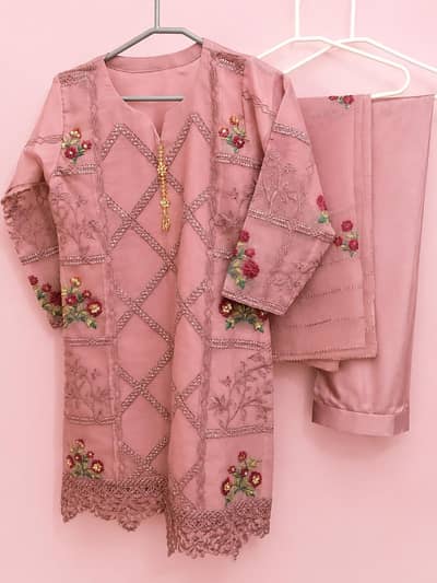 3 Piece Chiffon Embroidered Dress - Pink - M