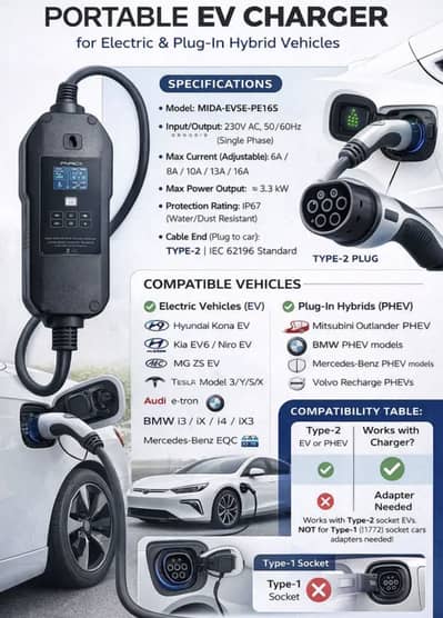 Portable EV charger- fast charging - type 1/ type 2-