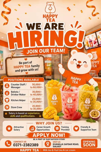 Staff Required for Happy Tea Sialkot Cantt Branch