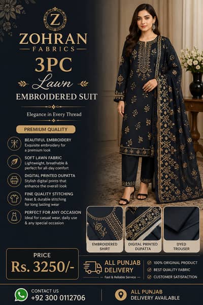 Ladies Lawn 3 Piece Suit |Printed & Embroidered Dress |Women's Fashion