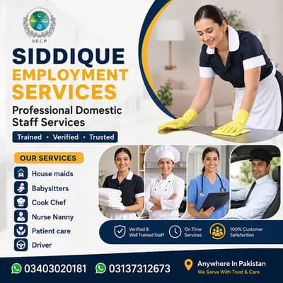 House Maids Baby Sitter Cook Drivers Chef Couple all Domestic staff