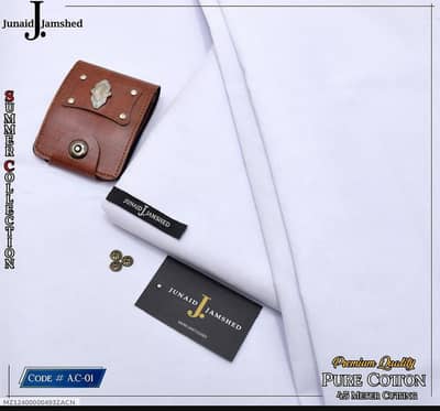 original J. Junaid Jamshed Pure Cotton Unstitched suit for men White/of