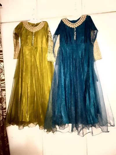 2 different colour maxi with trousers and embroidered dupatta