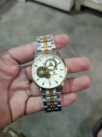 Men's stainless steel Rolex skeleton watch 45mm gold baton