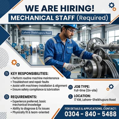 Mechanical Staff (Required) | jobs | Urgent Hiring | Staff Required