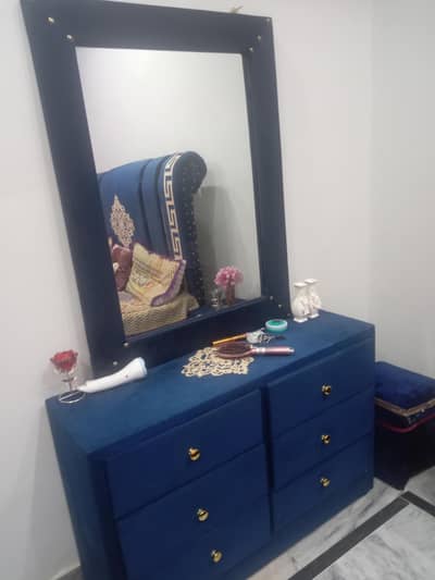 Luxurious Blue Velvet Bed Set with Dressing Table"