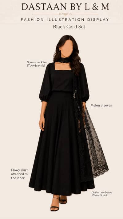 Elegant Black Cord Set with Chiffon Lace Dupatta – Premium Party Wear