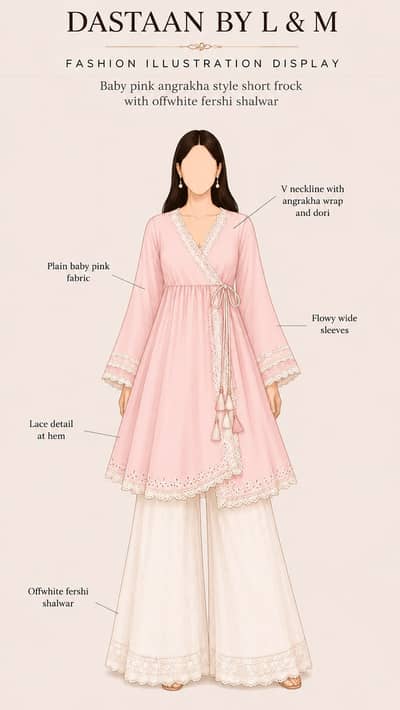 Elegant Baby Pink Angrakha Style Short Frock with Off-White Farshi Sh
