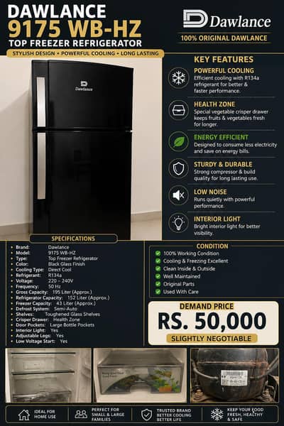 Dawlance 9175 WB-HZ Double Door Refrigerator – Black Glass Finish