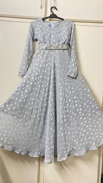 Grey Chiffon Maxi Dress  Full Sleeves Stylish Party Wear