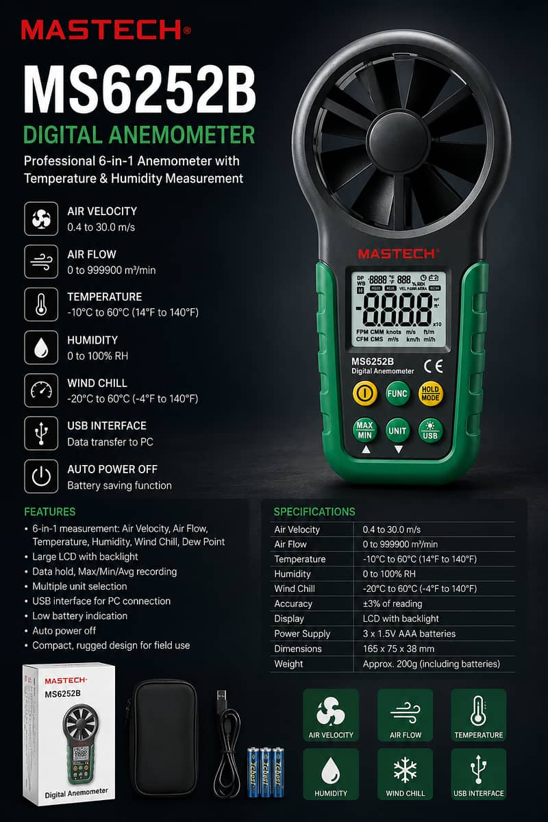 MS6252B MASTECH DIGITAL ANEMOMETER 0