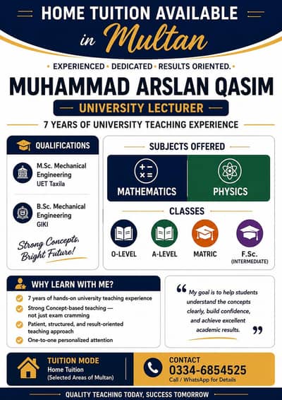 Home Tuition for Mathematics and Physics (O/A levels) in Multan