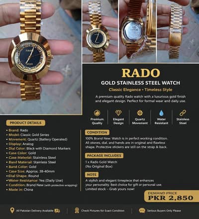 Rado Style Gold Watch | Brand New | Stylish Gold Chain Watch  Category