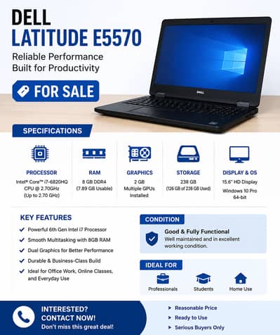  Dell Latitude E5570 –Intel Core i7 6th Gen | 8GB RAM | 2GB 250GBNVM