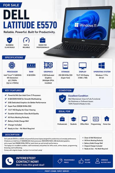 Dell Latitude E5570 –Intel Core i7 6th Gen | 8GB RAM | 2GB 250GBNVM