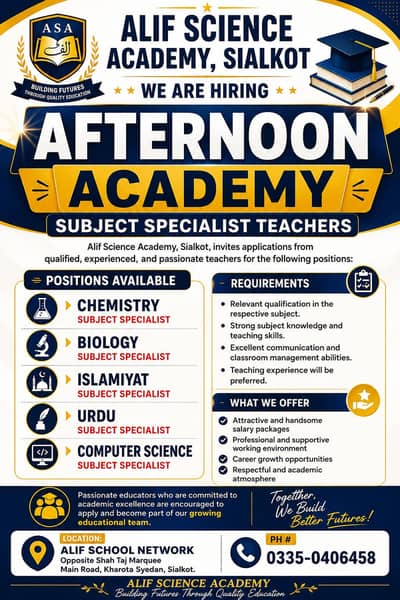 Subject Specialist Teachers Required for the Afternoon Academy