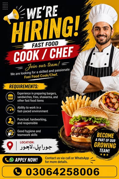 Hiring Fast Food cook for new  setup