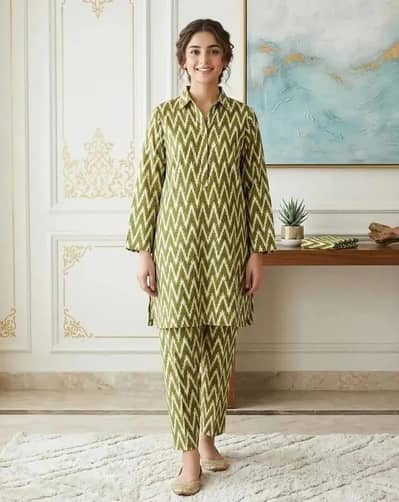 Women Green Zigzag Printed 2 Piece Suit Unstitched COD