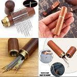 Easygo Needles With Wooden Case Self Threading Needles with Wood Needle Case Easy Thread Sewing Needles Assorted Hand Stitching Needles for DIY Embroidery Sewing