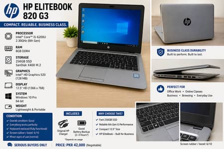 HP EliteBook 820 G3 | Core i5 6th Gen | 8GB RAM | 256GB SSD | Excellen