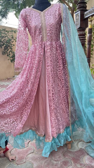 Pink embroidered maxi with organza dupatta