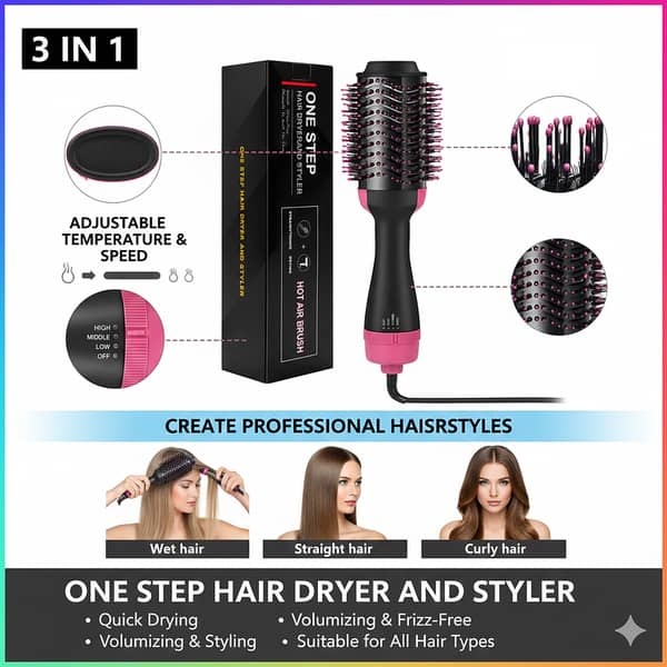One Step 3-in-1 Hot Air Hair Dryer, Straightener & Curler – Fast Styling Brush and Comb for Quick Drying, Smooth Straightening, and Easy Curls