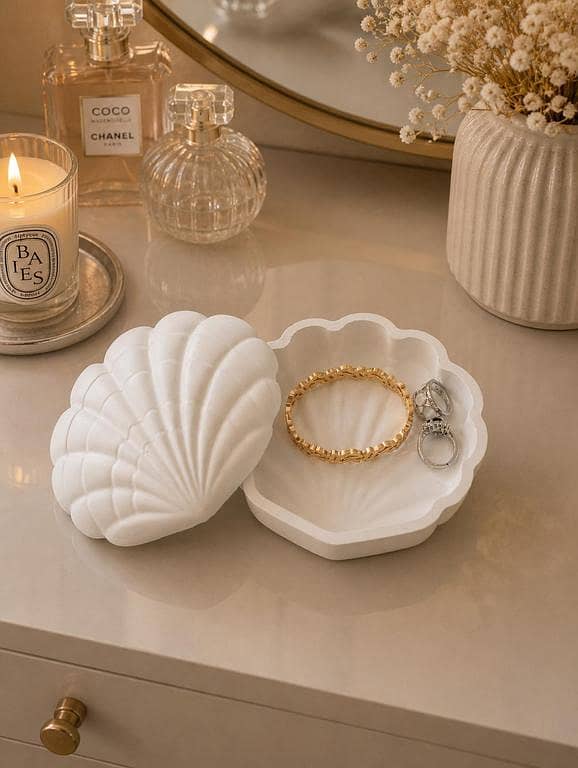 Concrete Shell Shaped Jewelry Box | Ceramic Shell Jewelry Box for Storage and Display
