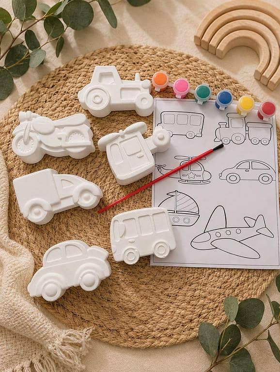 Cars Ceramic Painting Kit with Acrylic Paints |  Vehicle DIY Plaster Toys | Kids Art & Craft Set | Birthday Party Favours | School Projects & Return Gifts,Kids vehicle painting kit, ceramic DIY car set,
