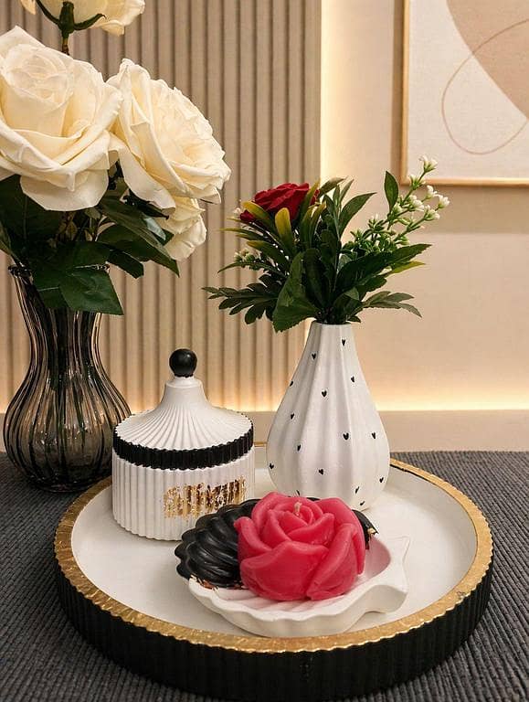 5 PCs luxury set decor set round tray, 1 vase, shell tray, jar with lid, scented rose candle | decorative tray, handmade tray set, vase set, candle holder, aesthetic decor, minimalist home accessories