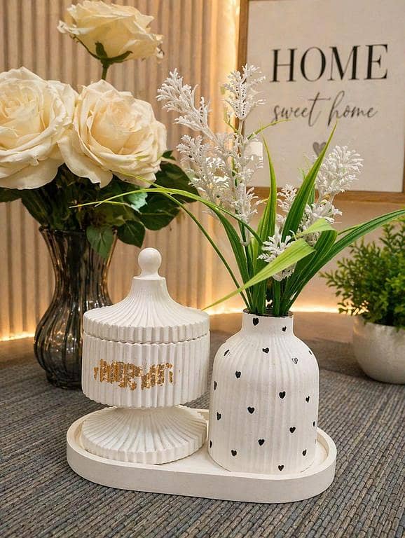 3-Piece Ceramic Home Decor Set | Luxury Vase, Jewelry Jar & Oval Tray | Modern Table Decoration | Gift Set for Living Room & Bedroom