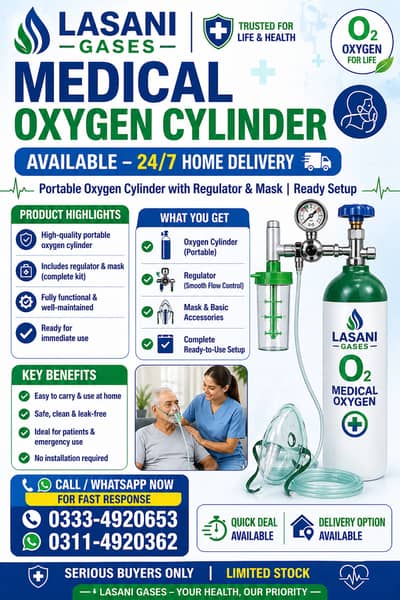 Portable Oxygen Cylinder , 24/7 Home Delivery , mask & regulator