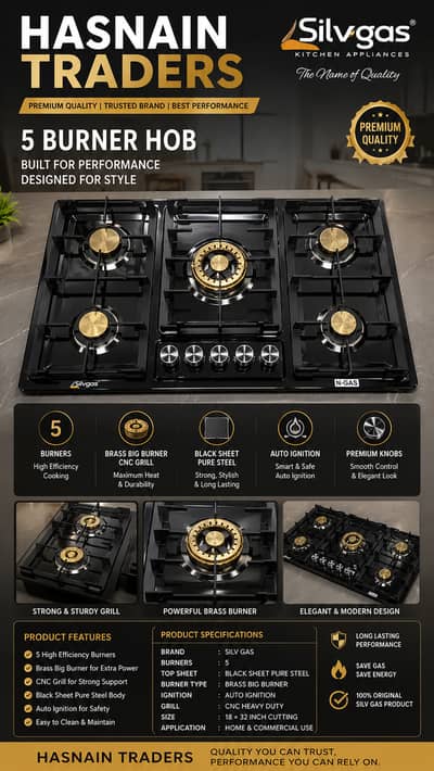 Silvgas 5 Burner Hob | Auto Ignition Gas Hob | Pure Steel Black Sheet