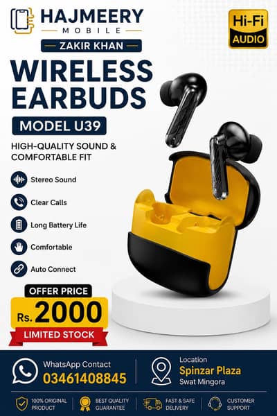 Wireless Bluetooth Earbuds U39 | بہترین ساؤنڈ کوالٹی | Rs 2000