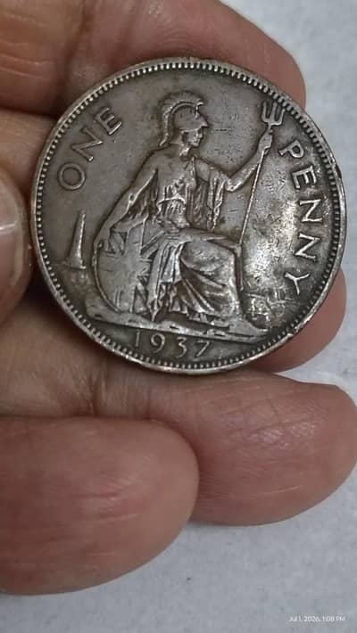 British 1937 One Penny Old Coin, George VI, Emperor of India Rare Coin